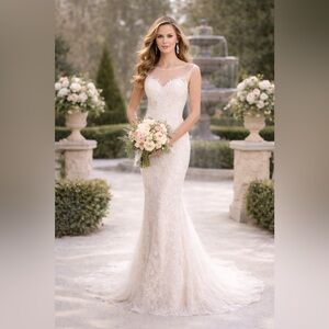 Dave & Johnny Ivory Lace Sheath Wedding Gown Illusion Neckline Size 2 NWT